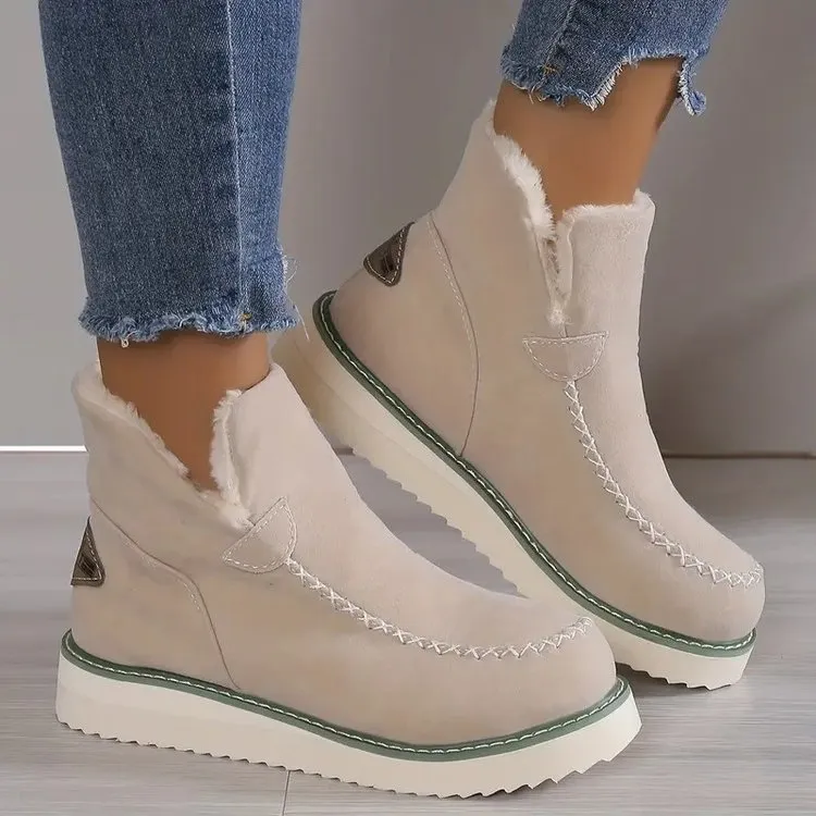 Women's Faux Fur Lined Ankle Booties Moccasin Style with Leather Stitching