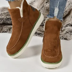 Women's Faux Fur Lined Ankle Booties Moccasin Style with Leather Stitching