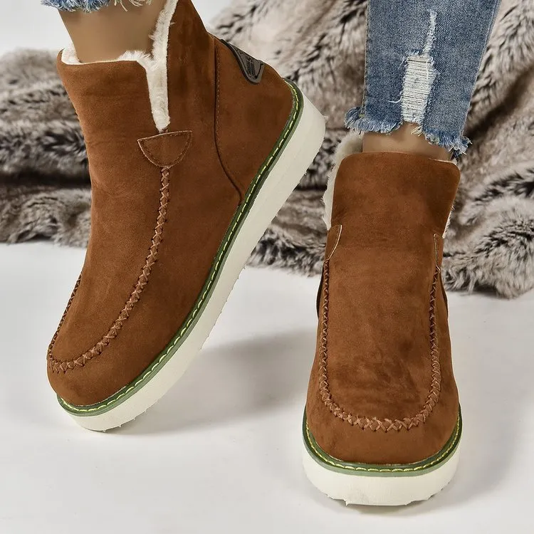 Women's Faux Fur Lined Ankle Booties Moccasin Style with Leather Stitching