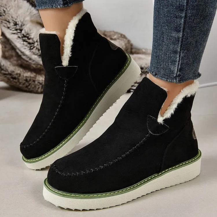 Women's Faux Fur Lined Ankle Booties Moccasin Style with Leather Stitching