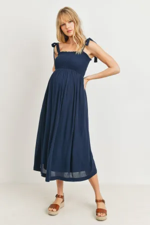 Women's navy blue rayon smocked maternity & post natal flowy midi dress with adjustable tie straps