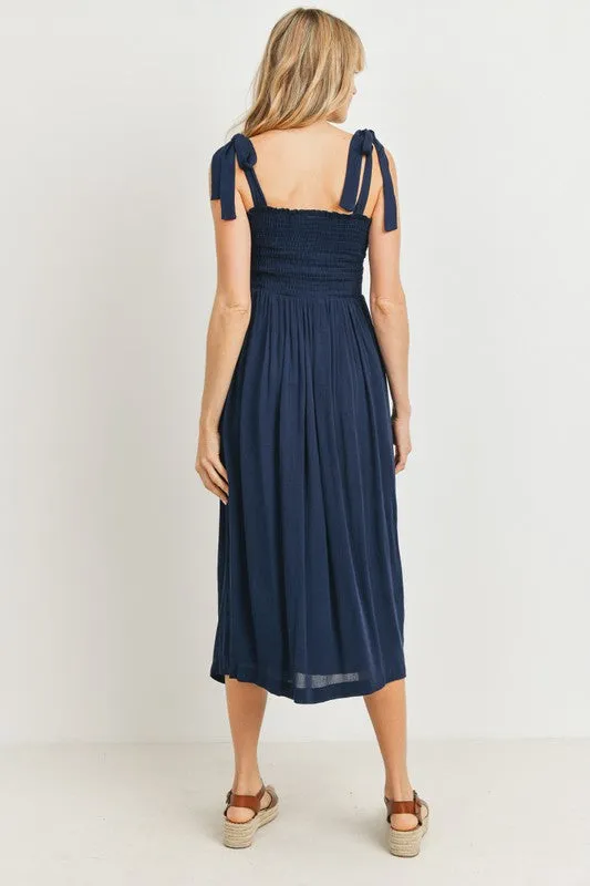 Women's navy blue rayon smocked maternity & post natal flowy midi dress with adjustable tie straps