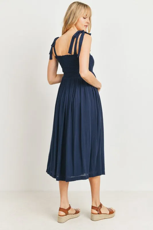 Women's navy blue rayon smocked maternity & post natal flowy midi dress with adjustable tie straps
