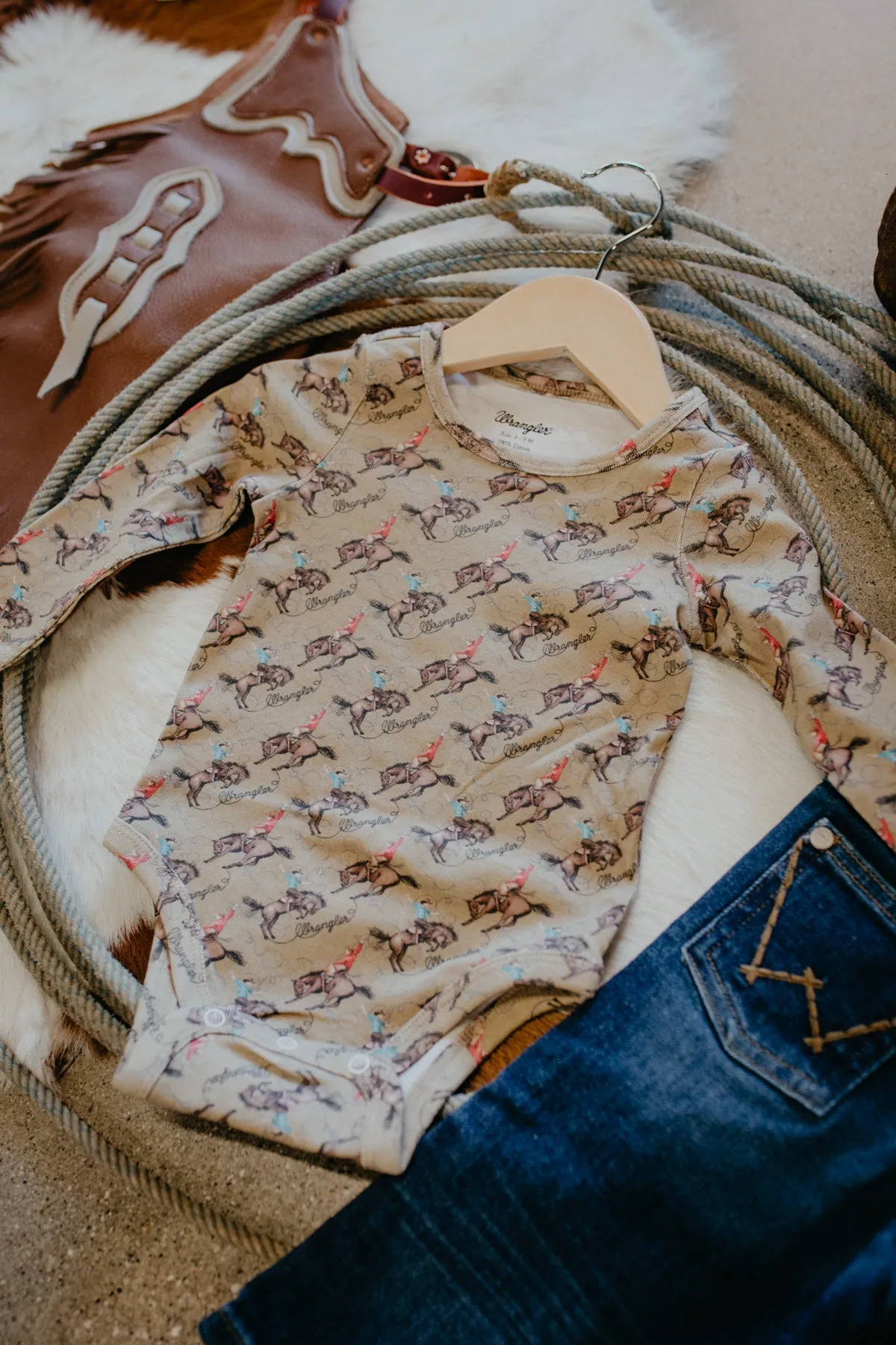 Wrangler 'Tan Cowboy' Baby Long Sleeve Onesie (0-3M to 24M)