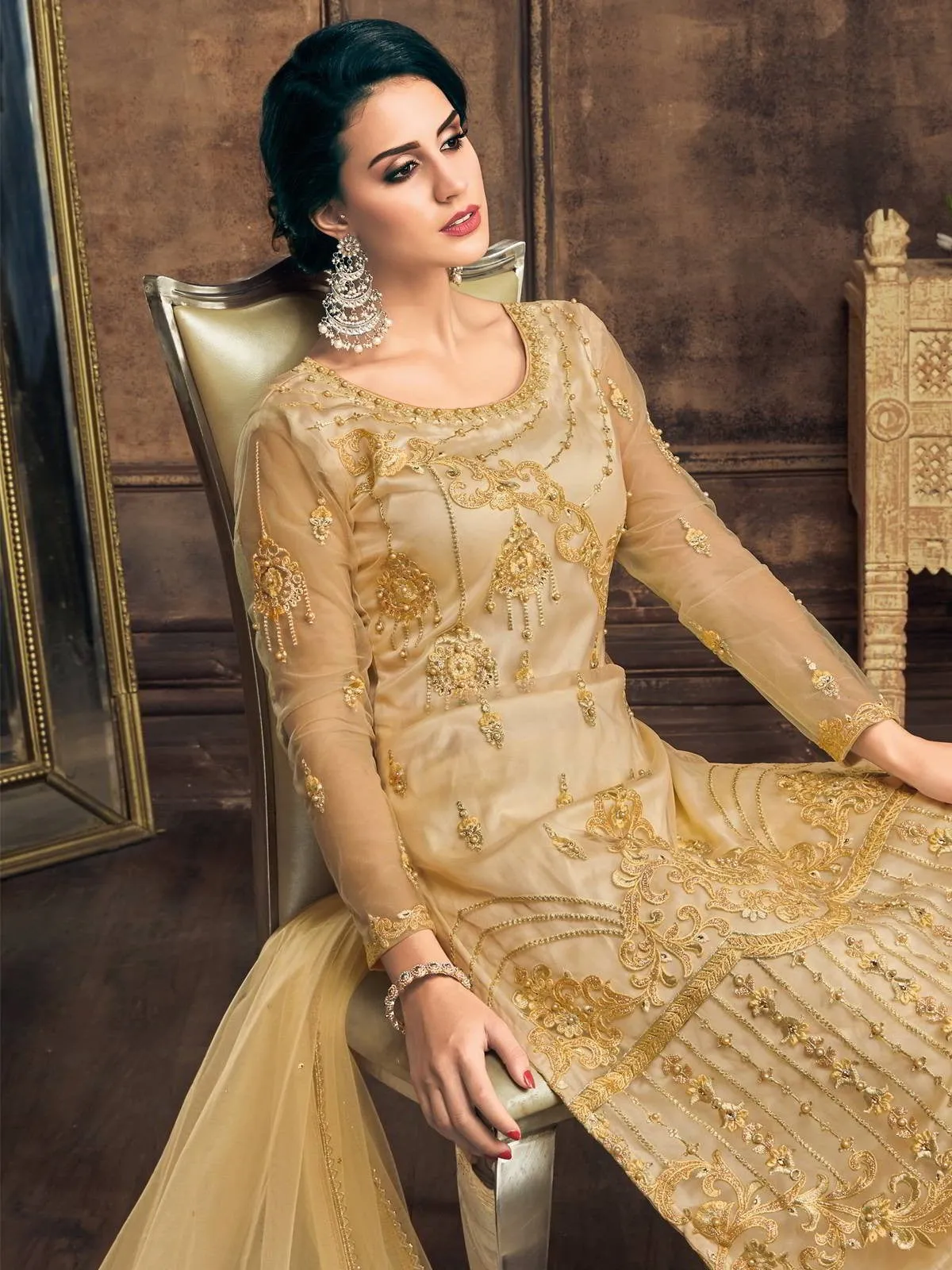 Yellow Embroidery And Pearl Embellished Pakistani Pant Suit