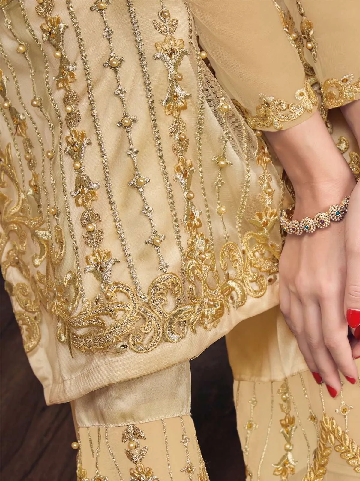 Yellow Embroidery And Pearl Embellished Pakistani Pant Suit